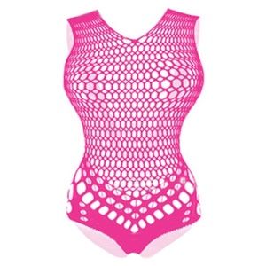 Pink Hole Teddy Bodysuit Romper. Hollow, fishnet, lace. One size fits most.